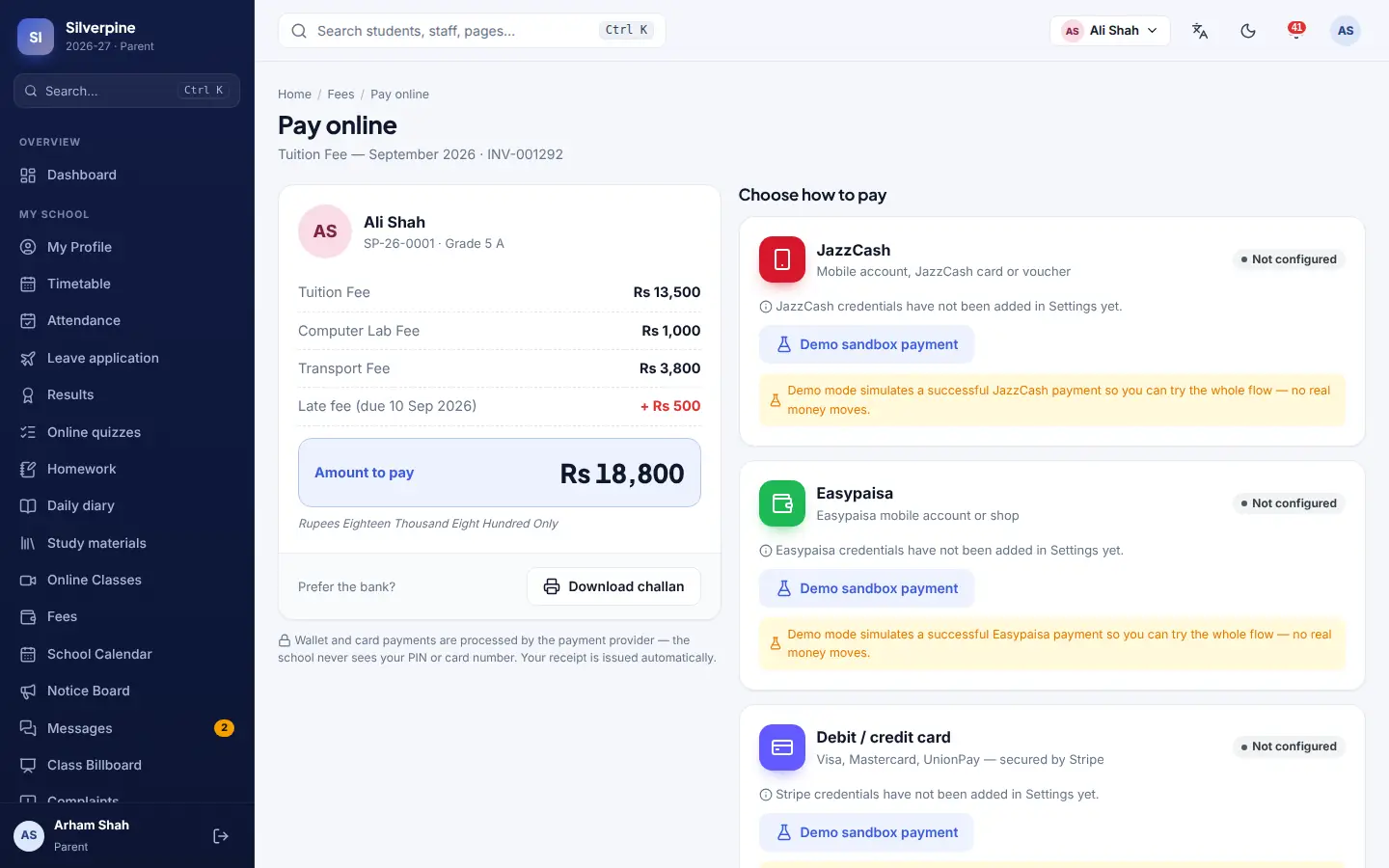 A parent paying school fees online by JazzCash, Easypaisa or card