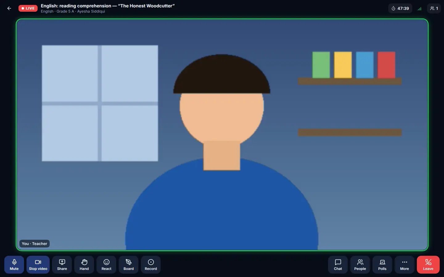 A live class in progress with the teacher on camera and the classroom toolbar along the bottom