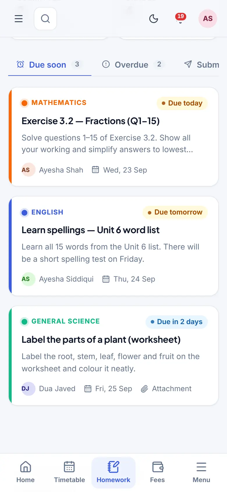 The homework list on a phone showing assignments due soon